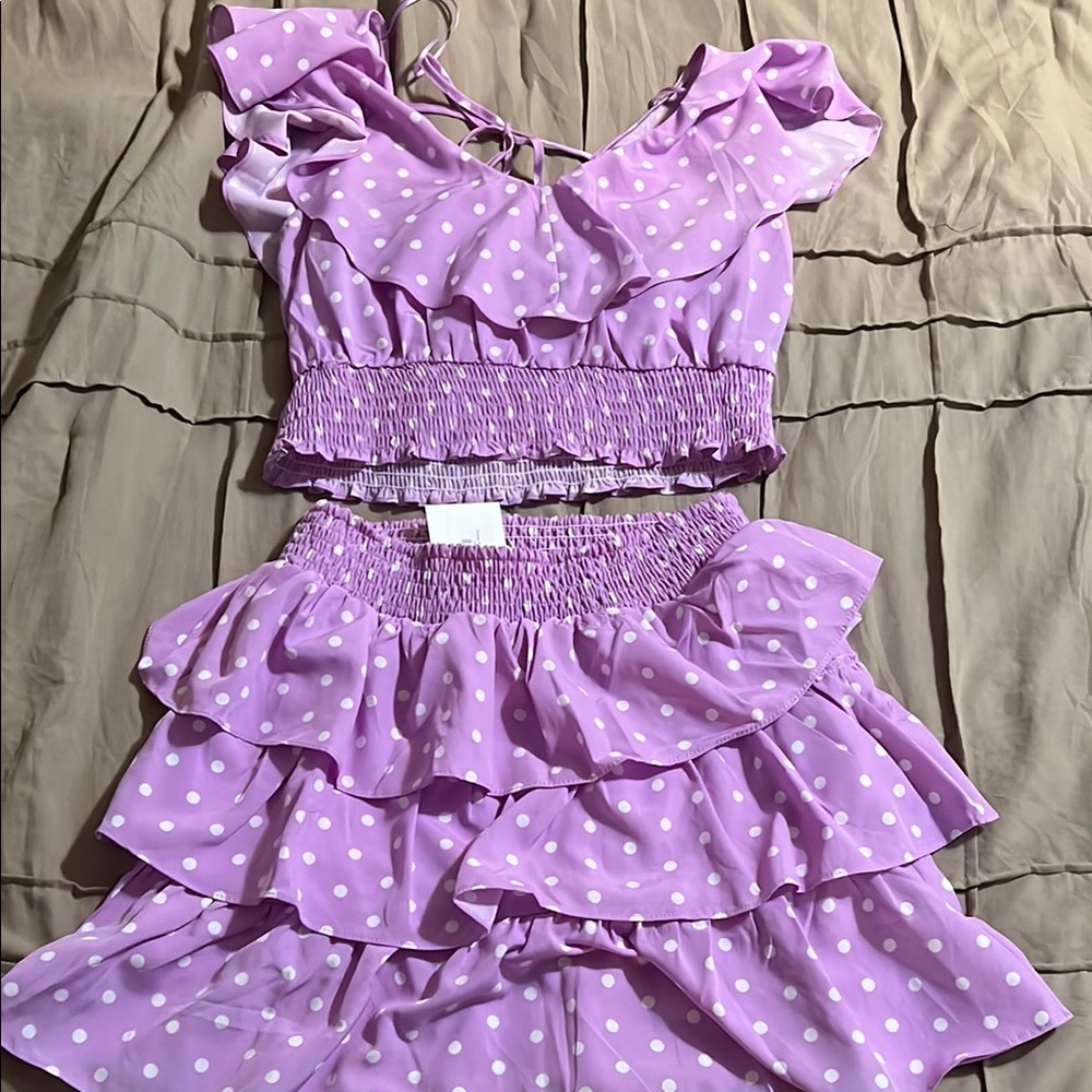 Lavender Polka Dot Ruffle Two-Piece Jumpsuit Romper